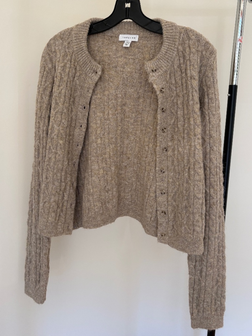 Topshop Beige Cable Knit Cropped Button Front Cardigan Sweater M
